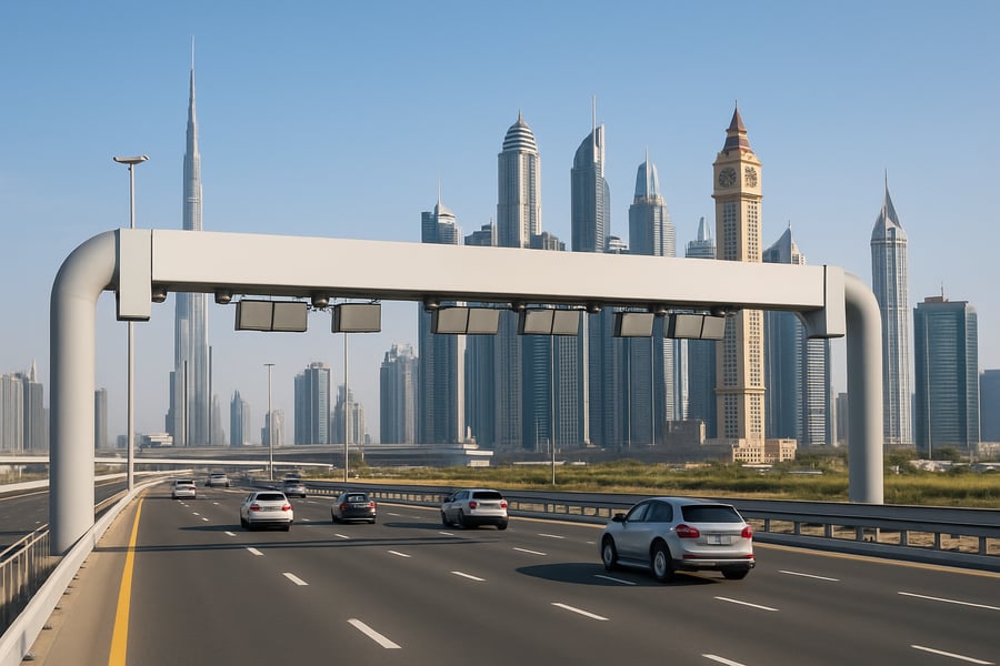 Dubai road with toll gantry and city skyline