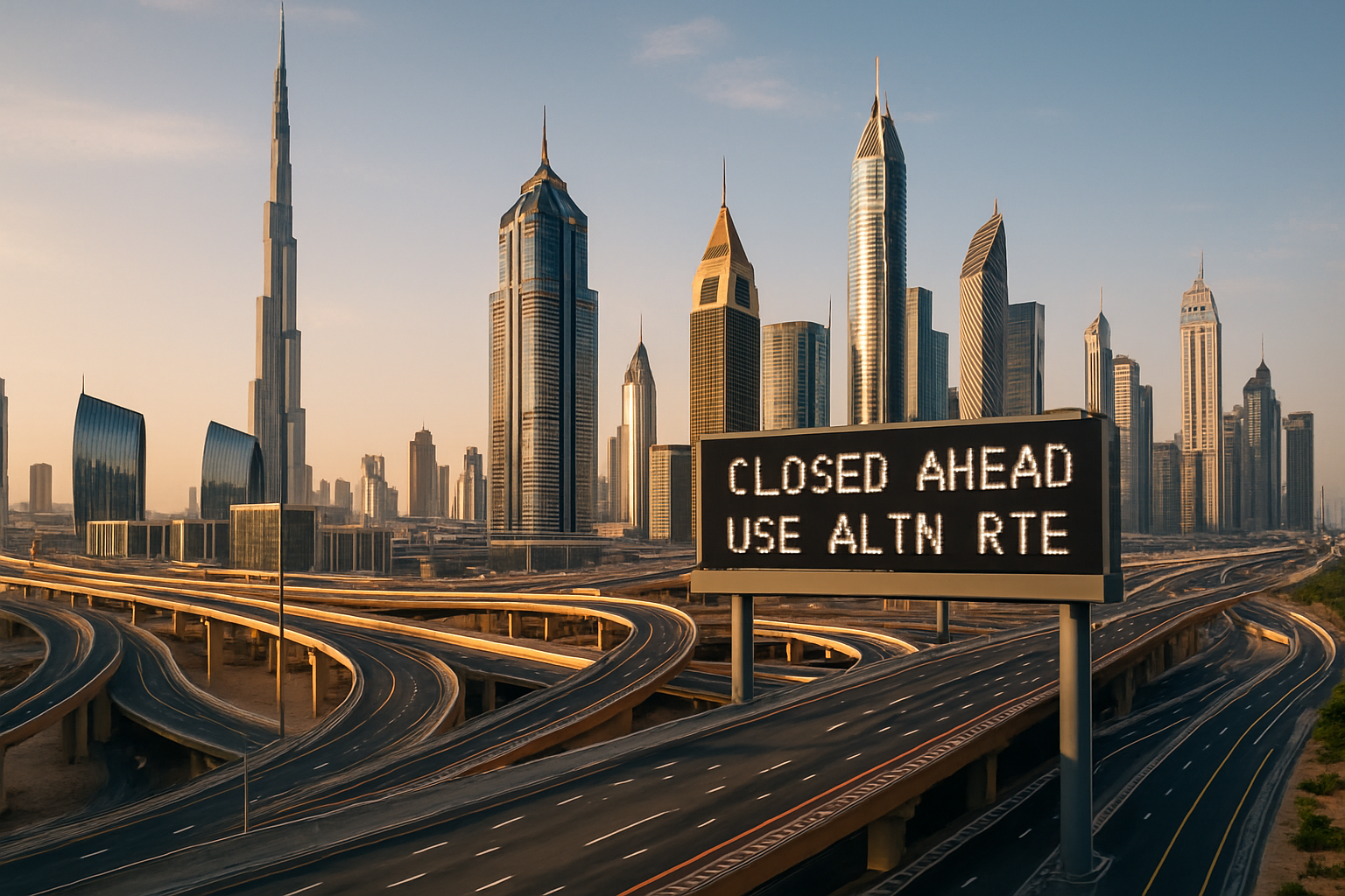Dubai skyline with highways and electronic signage